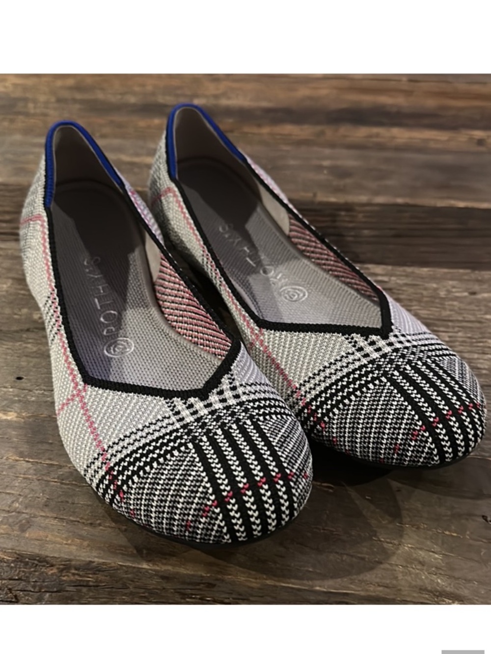 Rothy's The Flat Grey Glen Plaid Knit Fabric Slip On Ballet Flats